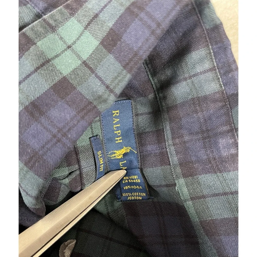 Polo Ralph Lauren Slim Fit Blue Green Plaid Cotton‎ L/S Btn Dwn Shirt Men's XL